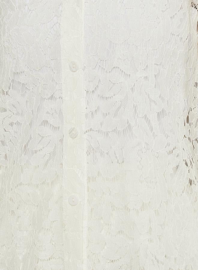 Styli Textured Balloon Sleeve Spread Collar Lace Shirt - Image 4